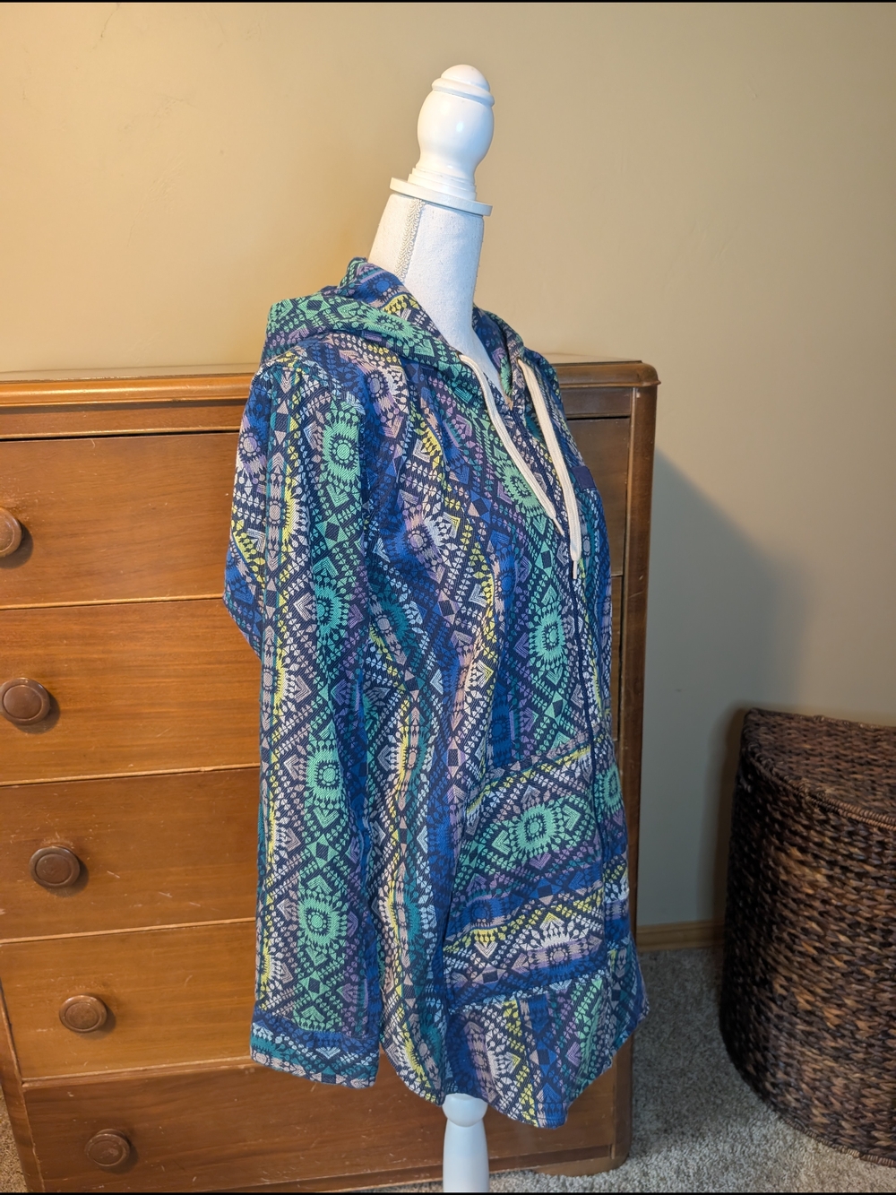 Kavu Outdoor Wear Patterned Blue-Green Hooded Zip-Up Long Length Sweatshirt XL - Picture 12 of 13